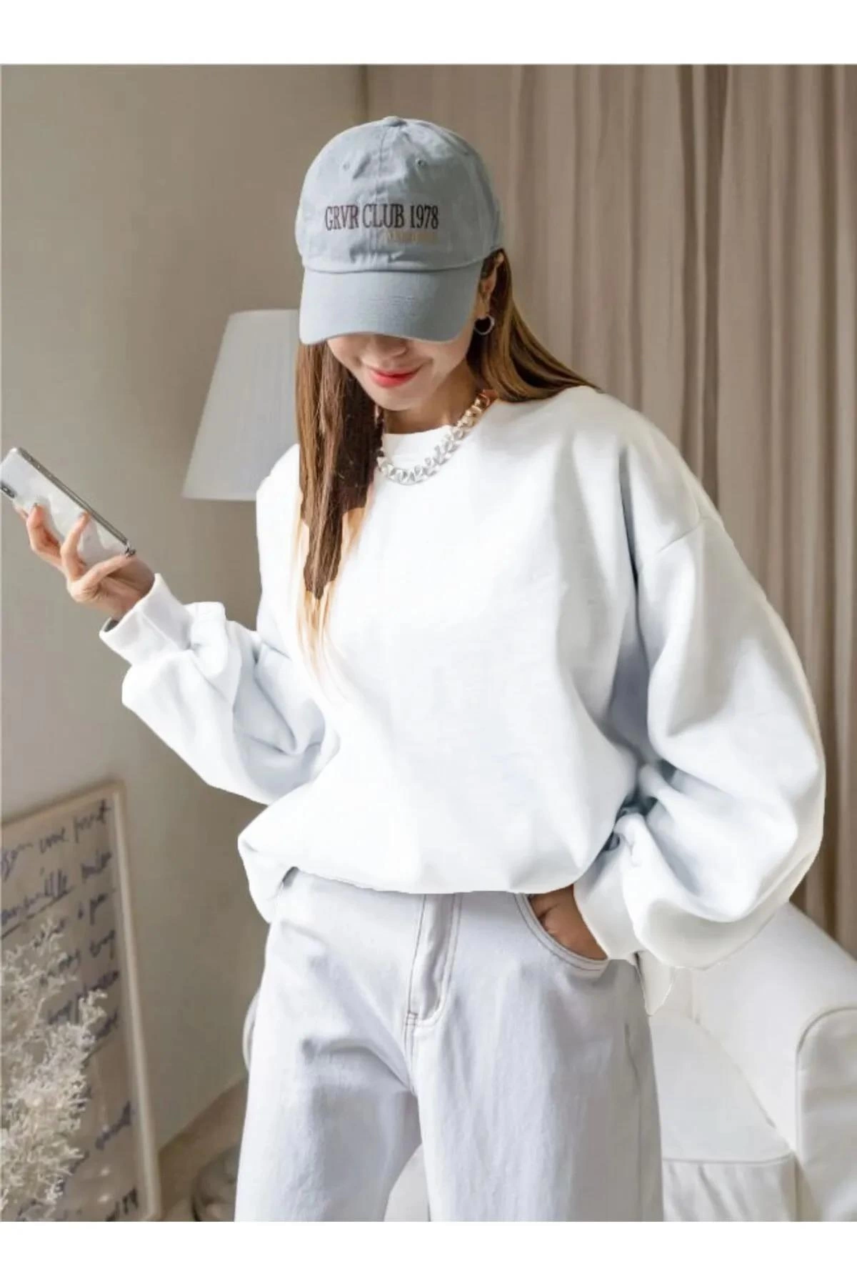 Kadın Düz Bisiklet Yaka 3 İplik Sweatshirt - Beyaz