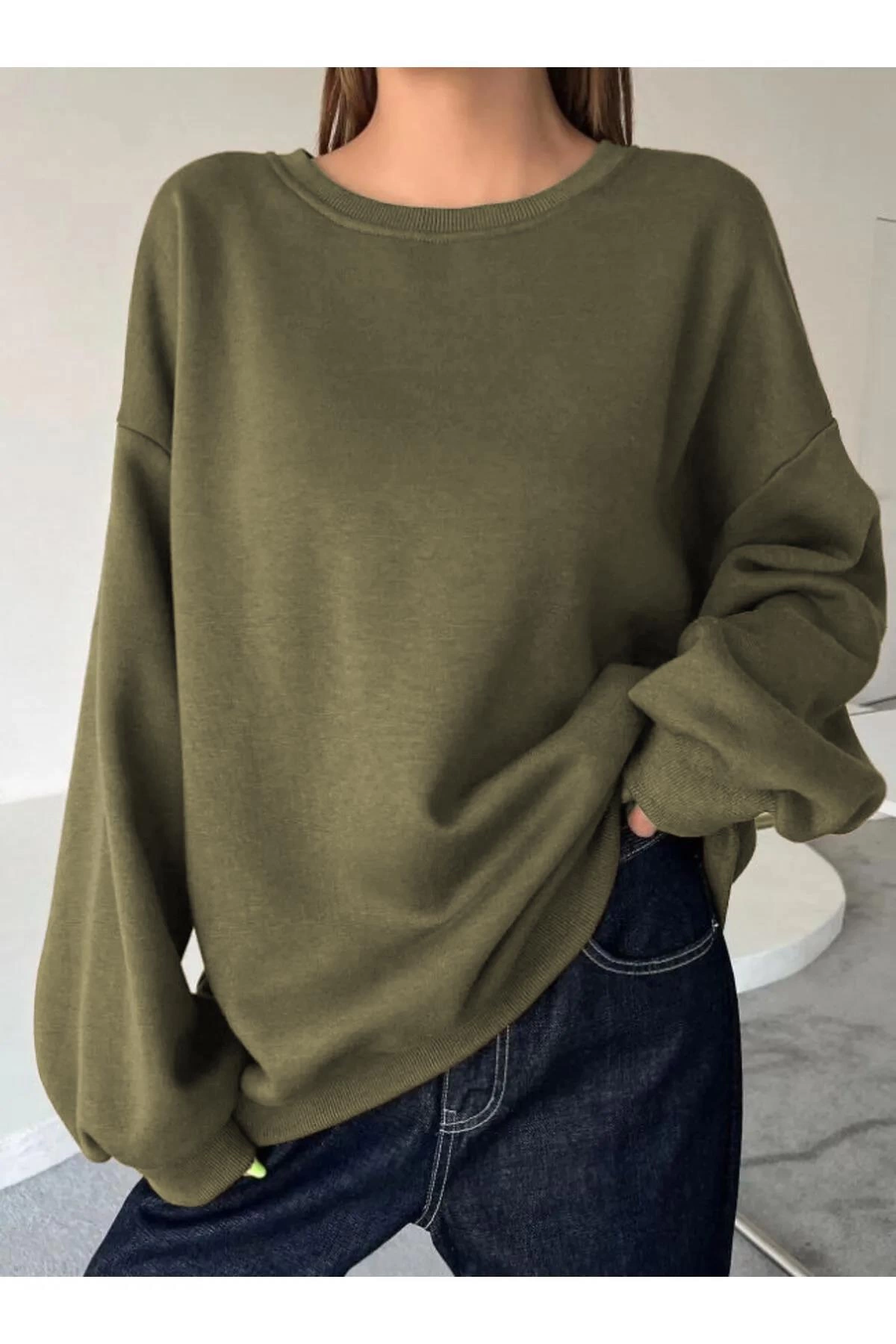 Kadın Düz Bisiklet Yaka 3 iplik Sweatshirt - Yeşil