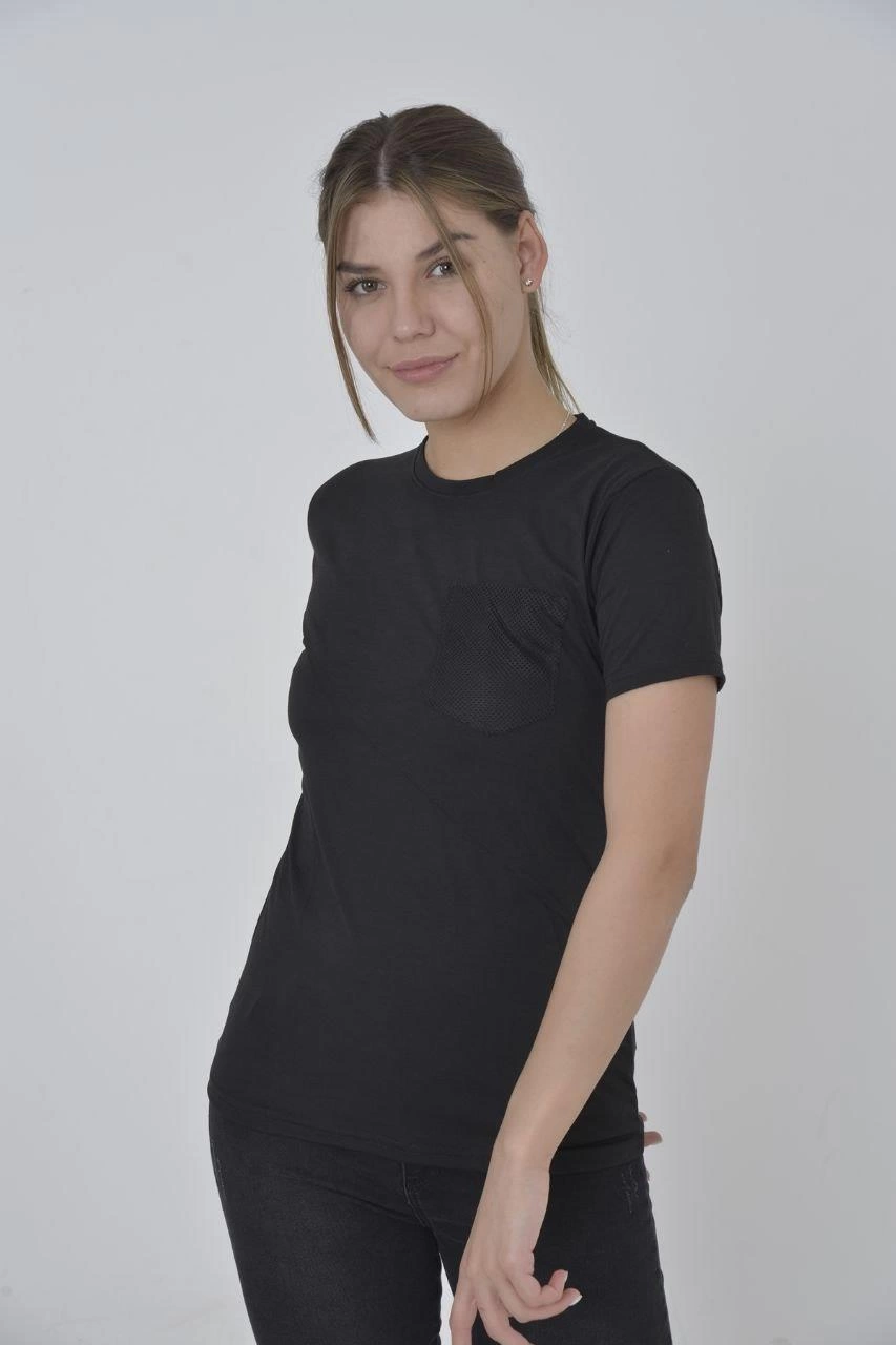 Kadın File Cepli T-Shirt Kısa Kol Bisiklet Yaka Slimfit Tişört - Siyah