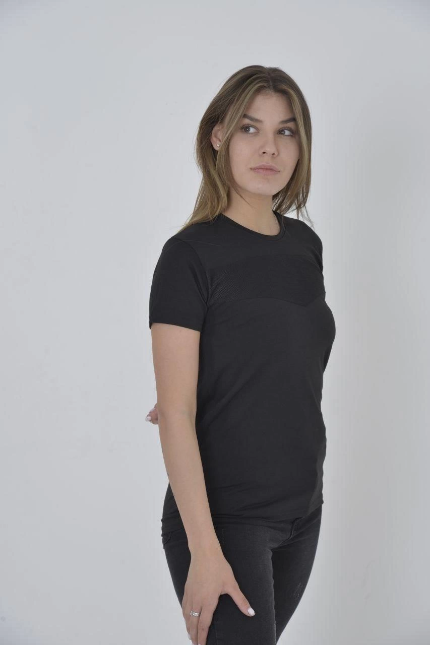 Kadın Gögüs Fileli T-Shirt Kısa Kol Bisiklet Yaka Slimfit Tişört - Siyah