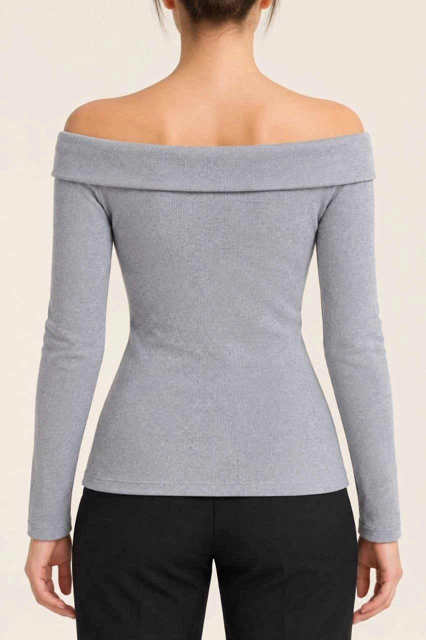 Kadın Gri Melanj Madonna Yaka Uzun Kollu Fitilli Likralı Kaşkorse Slim Fit Bluz - Gri