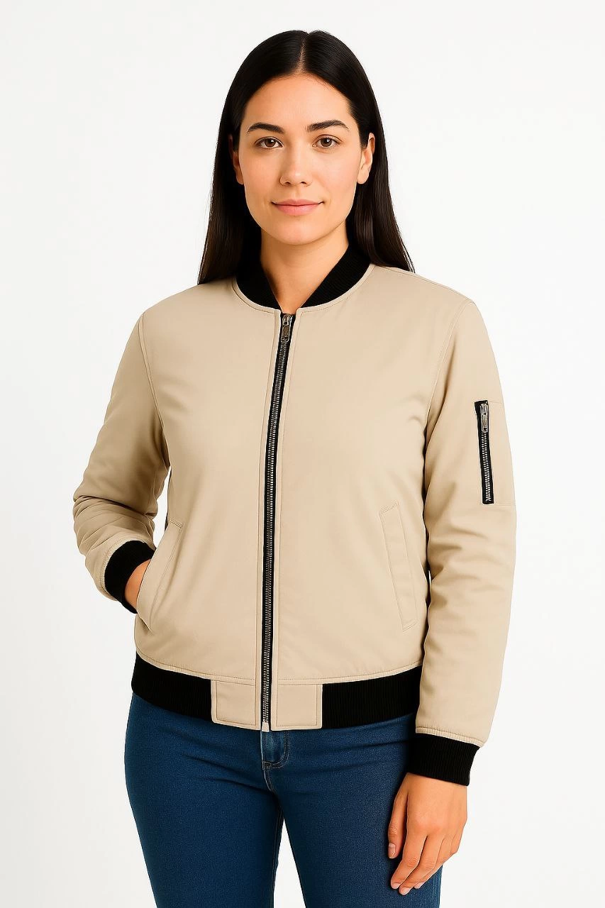 Kadın Bomber Mont Ceket Fermuarlı Kapitone İçi Astarlı Su İtici Regular Fit Yandan - bej