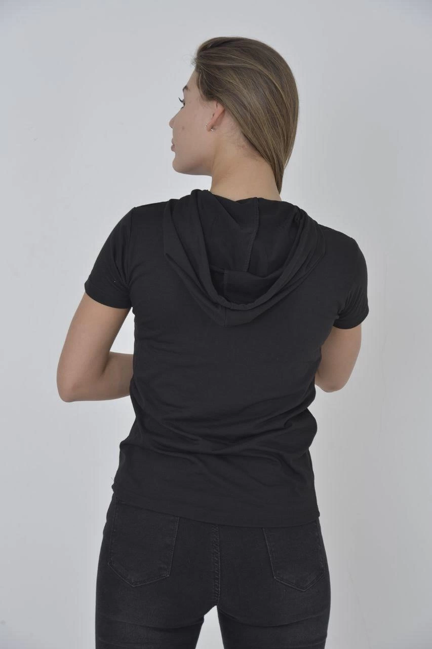 Kadın Kapüşonlu T-Shirt Kısa Kol Bisiklet Yaka Slimfit Tişört - Siyah
