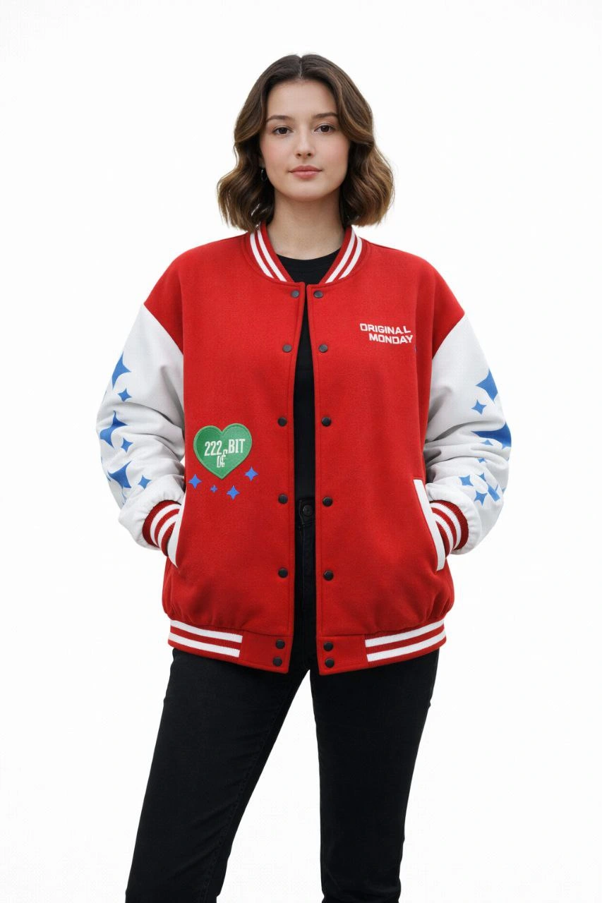Kadın Kırmızı Varsity Çıtçıtlı Baskılı Oversize kalıp Kolej Ceket - Kırmızı