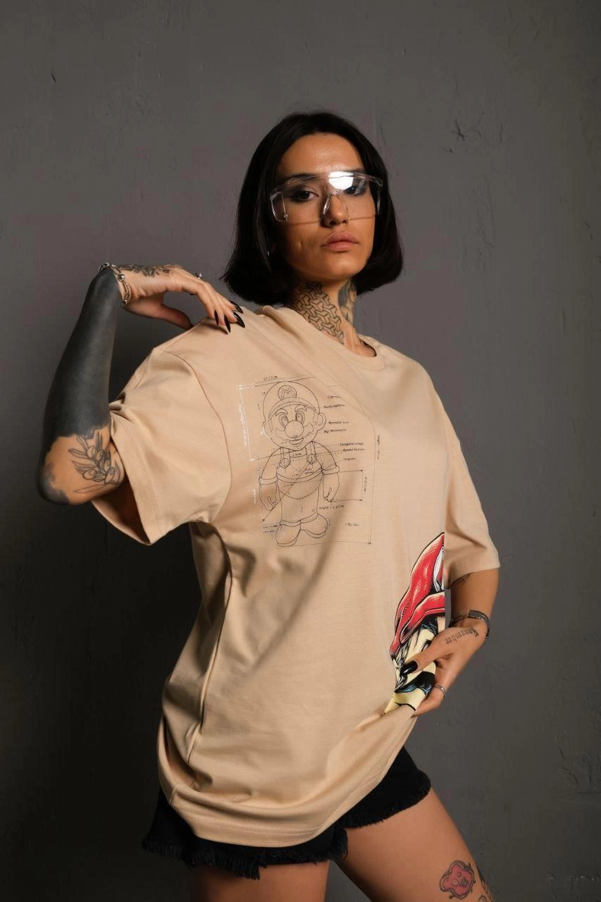 Kadın Mario Baskılı T-Shirt Oversize Kısa kol Bisiklet yaka tişort - Bej