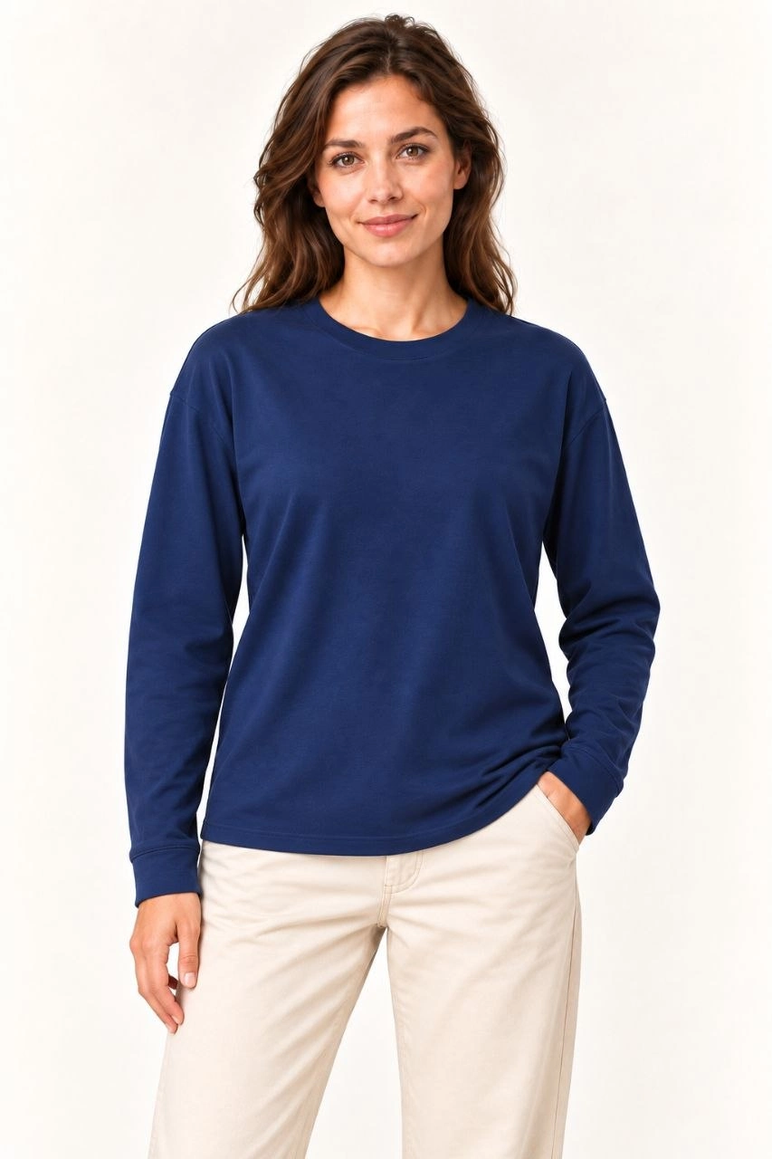 Kadın Modal Yumuşak Dokulu Bisiklet Yaka Uzun Kollu Tişört Sweatshirt - Lacivert