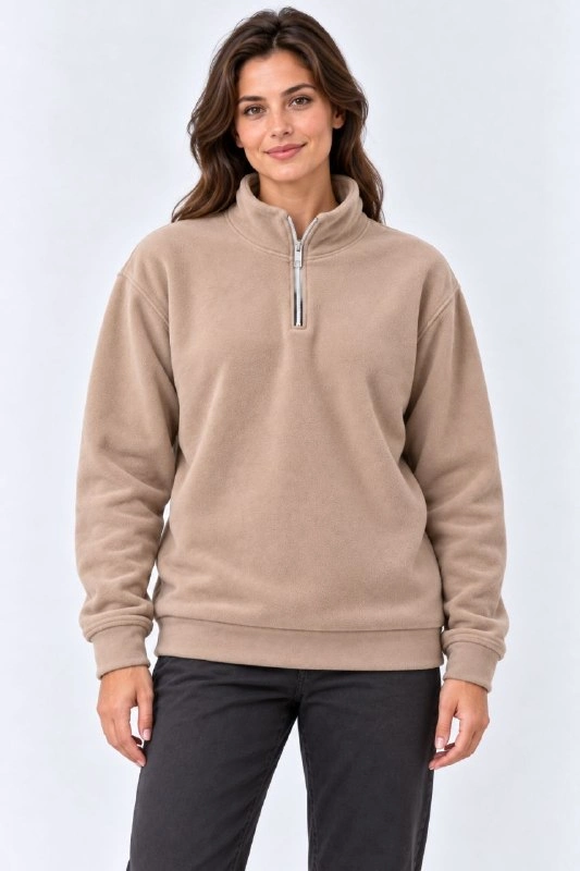 Kadın Polar Dik Yaka Yarım Fermuarlı Uzun Kollu Regular Fit Kışlık Sweatshirt - Bej