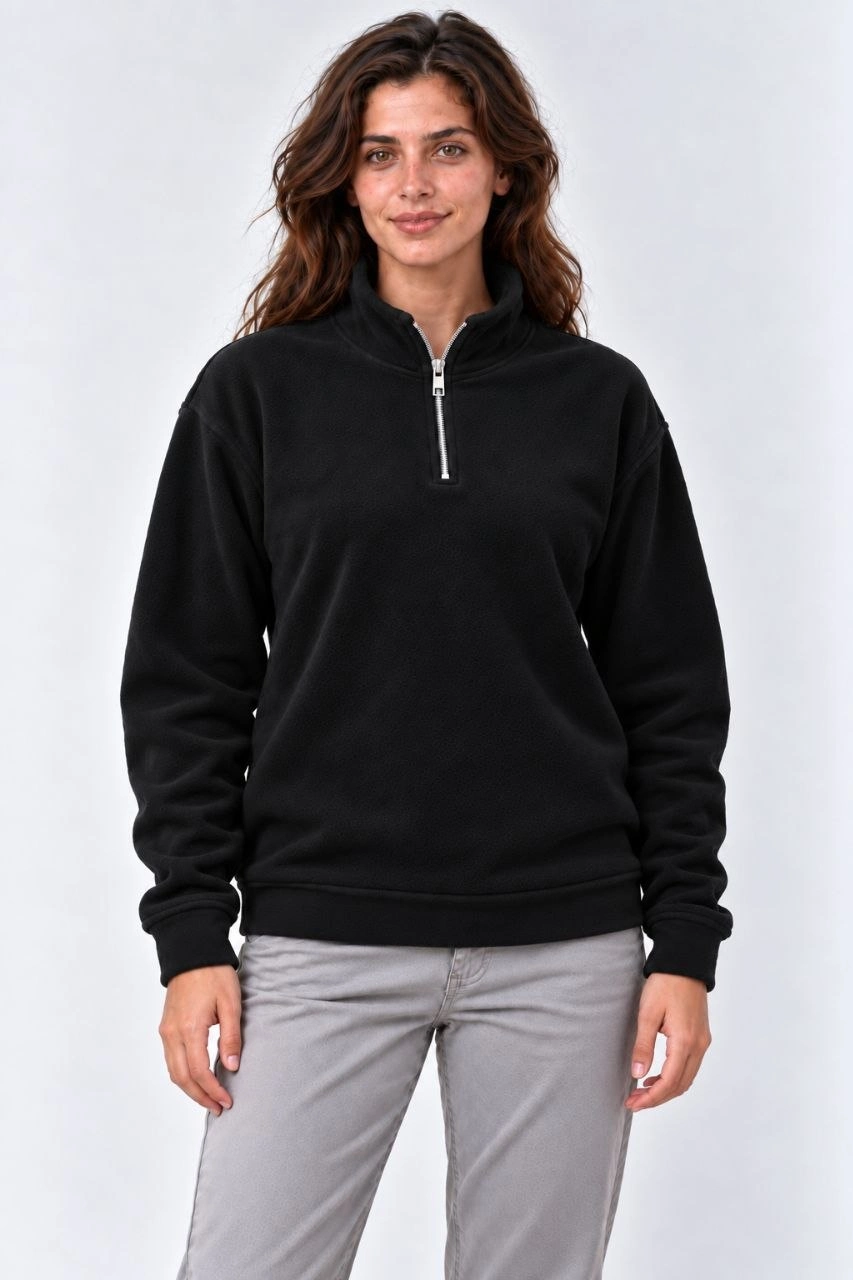 Kadın Polar Dik Yaka Yarım Fermuarlı Uzun Kollu Regular Fit Kışlık Sweatshirt - Siyah