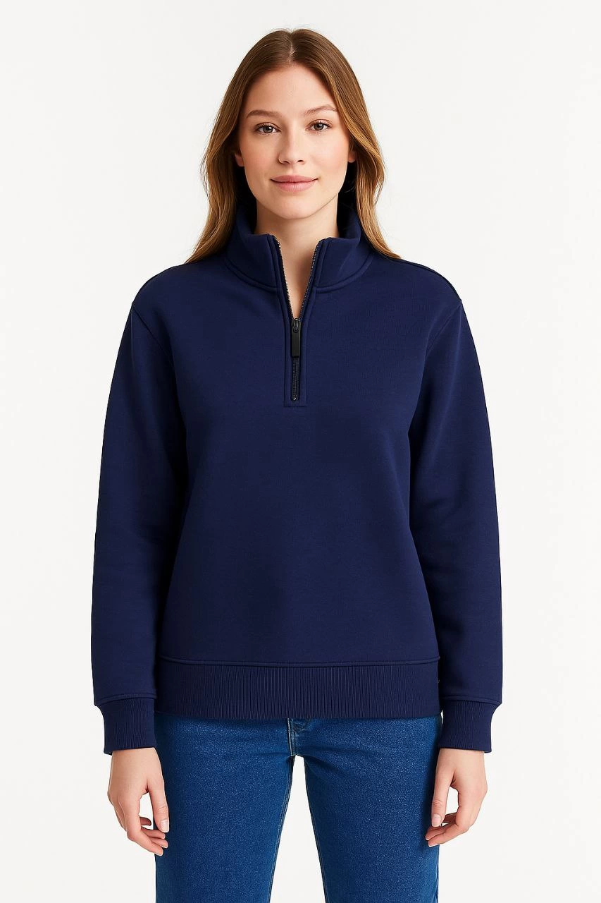 Kadın Üç İplik Dık Yaka Yarım Fermuarlı SweatShirt - Lacivert