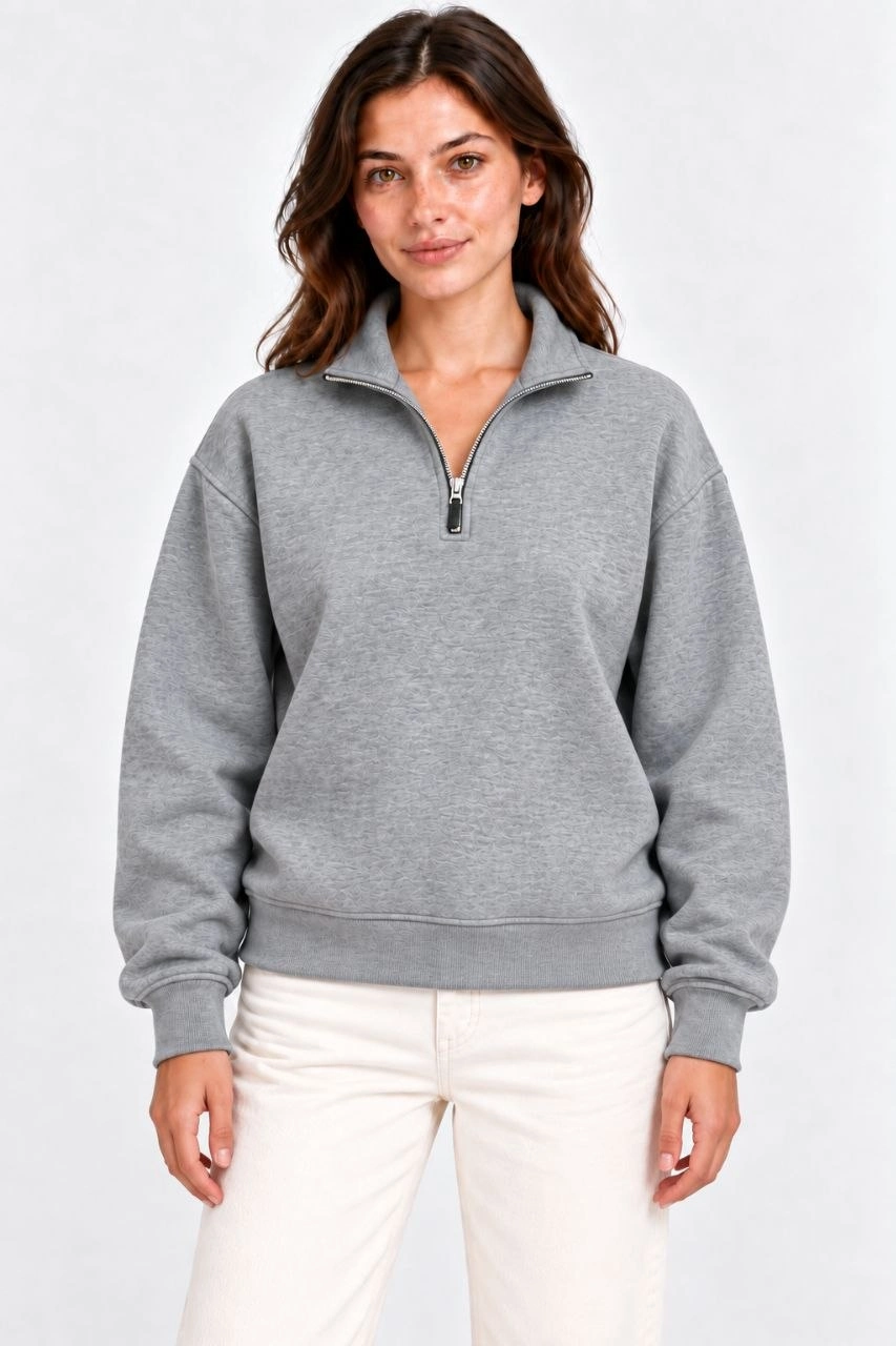 Kadın Üç İplik İçi Şardonlu Dik Yaka Yarım Fermuarlı Kışlık Sweatshirt - Grİ