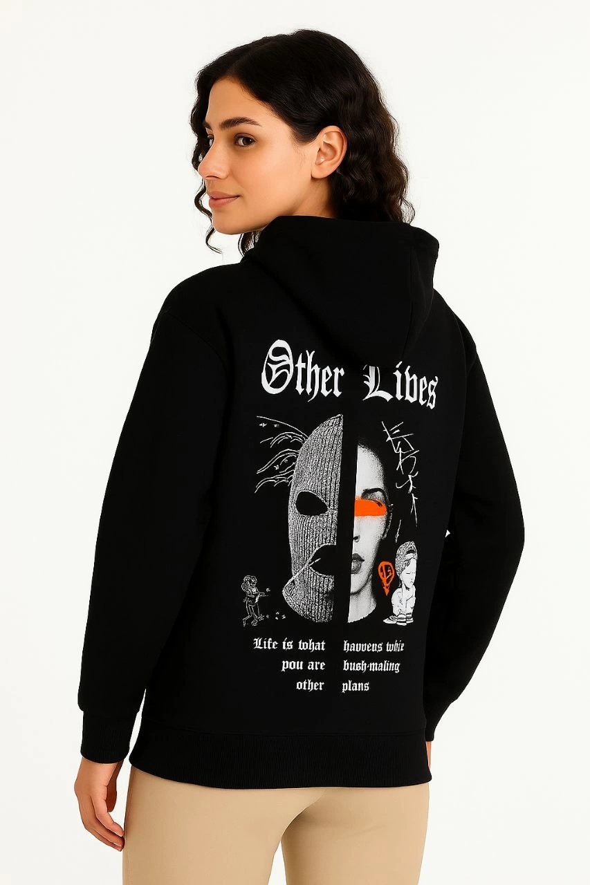 Kadın Kapşonlu Sweatshirt Oversize Üç İplik Şardonlu Other Lives Ön Arka Baskılı - Siyah