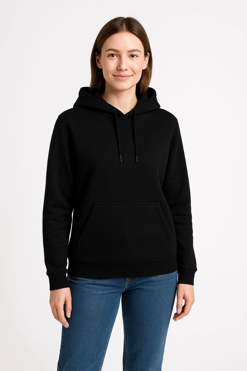 Kadın Üç İplik Pamuklu Kapüşonlu Kanguru Cepli Sweatshirt hoodie - Siyah