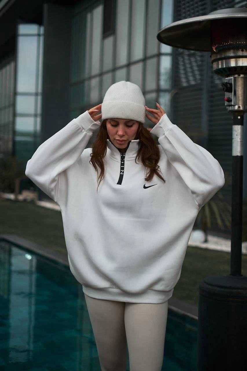 Kadın Yarım Fermuarlı Üç iplik Şardonlu Pamuklu Sweatshirt - Beyaz