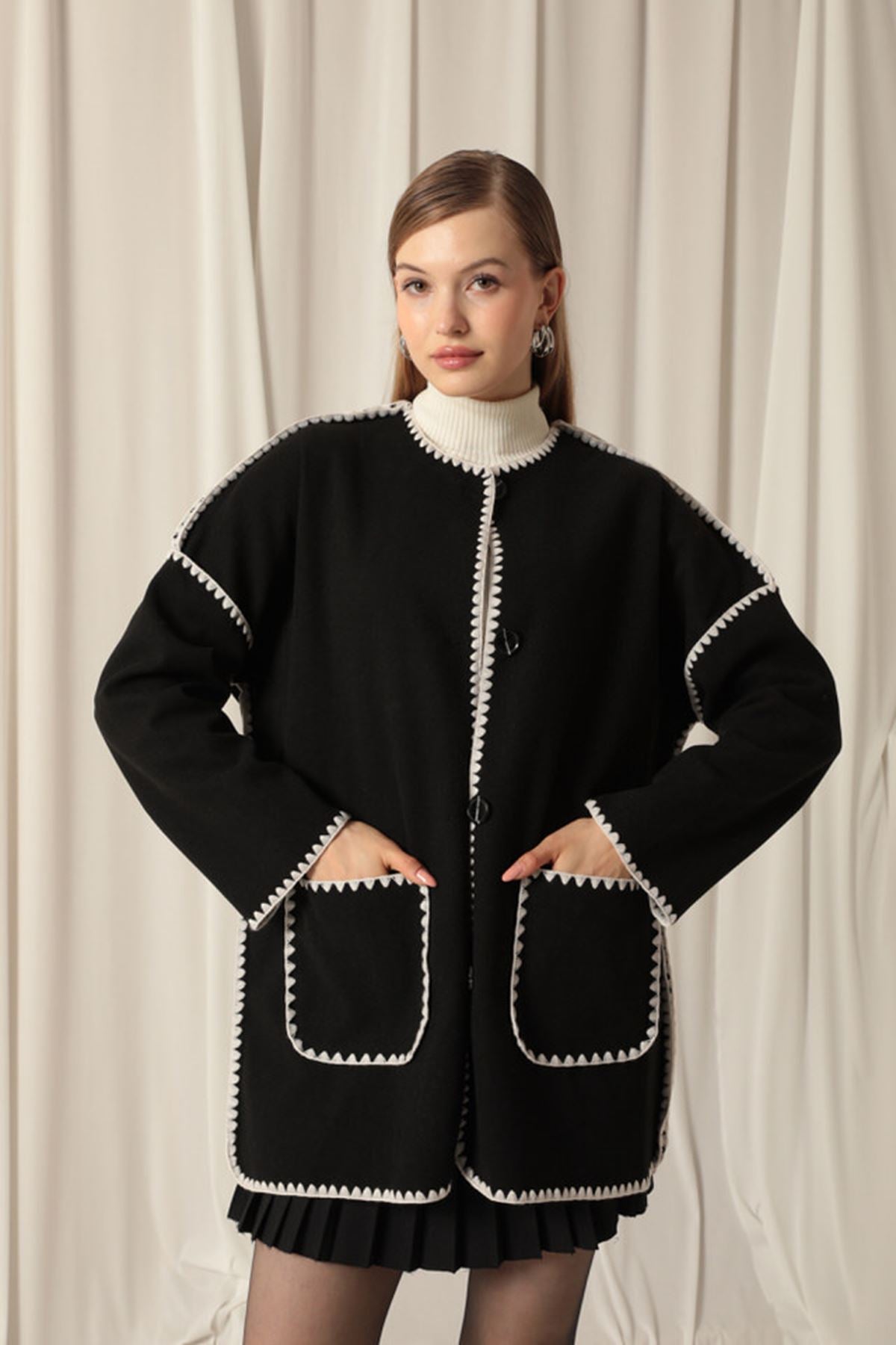 Kaşe Kumaş Karyokalı Kadın Siyah/Ekru Tasarım Ceket
