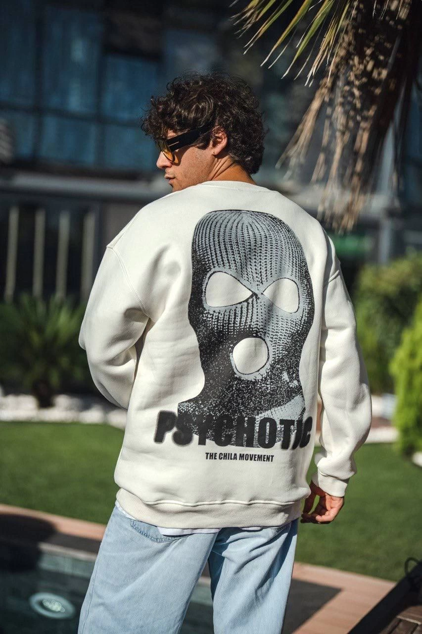 Erkek üç iplik pamuklu Kışlık Bisiklet Yaka Baskılı SweatShirt - Beyaz