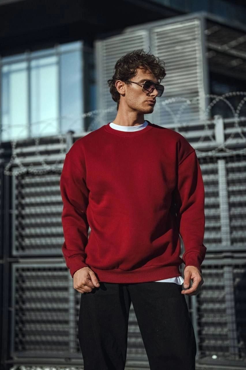 Erkek Kışlık Bisiklet Yaka Üç İplik Basic SweatShirt - Bordo