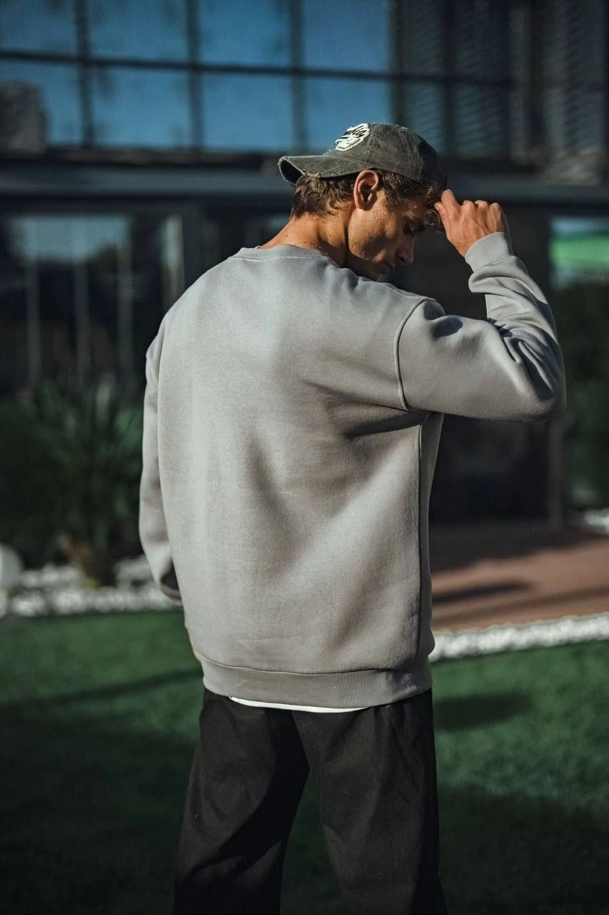 Erkek Kışlık Bisiklet Yaka Üç İplik Basic SweatShirt - Boyalı Gri