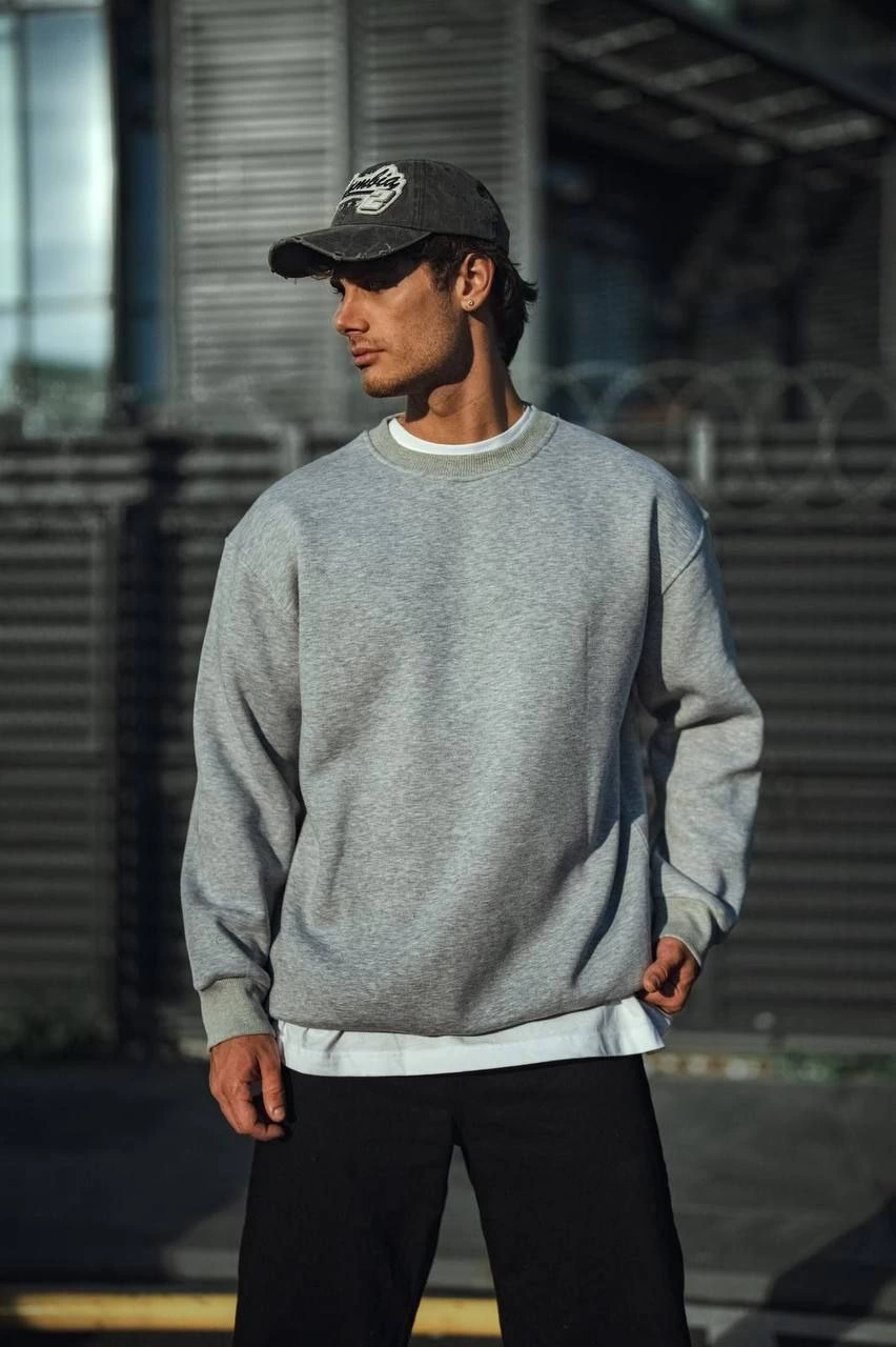 Erkek Kışlık Bisiklet Yaka Üç İplik Basic SweatShirt - Gri