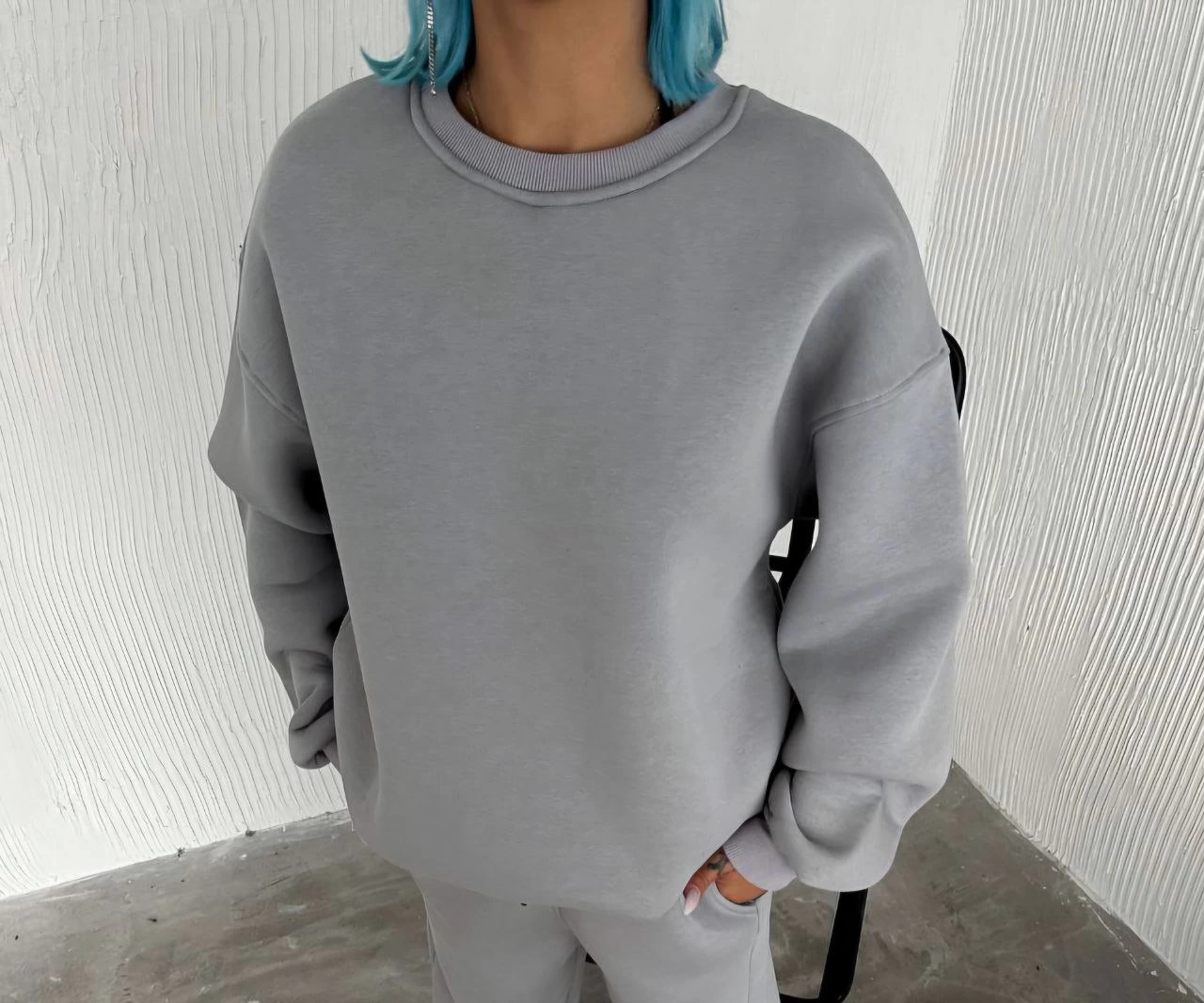 Kadın Kışlık Bisiklet Yaka Üç İplik Basic SweatShirt - Gri
