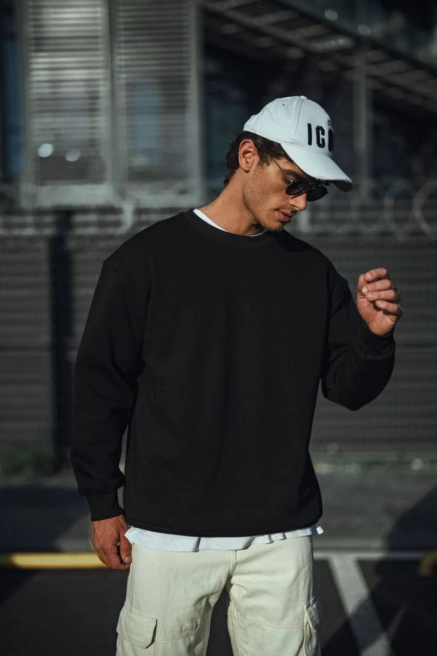 Erkek pamuklu Bisiklet Yaka Üç İplik Basic SweatShirt - Siyah