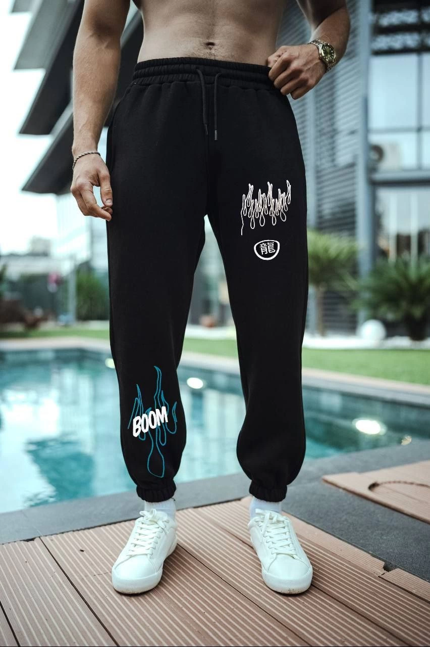Erkek Kışlık Üç İplik Baskılı Eşofman Pantolon - Siyah