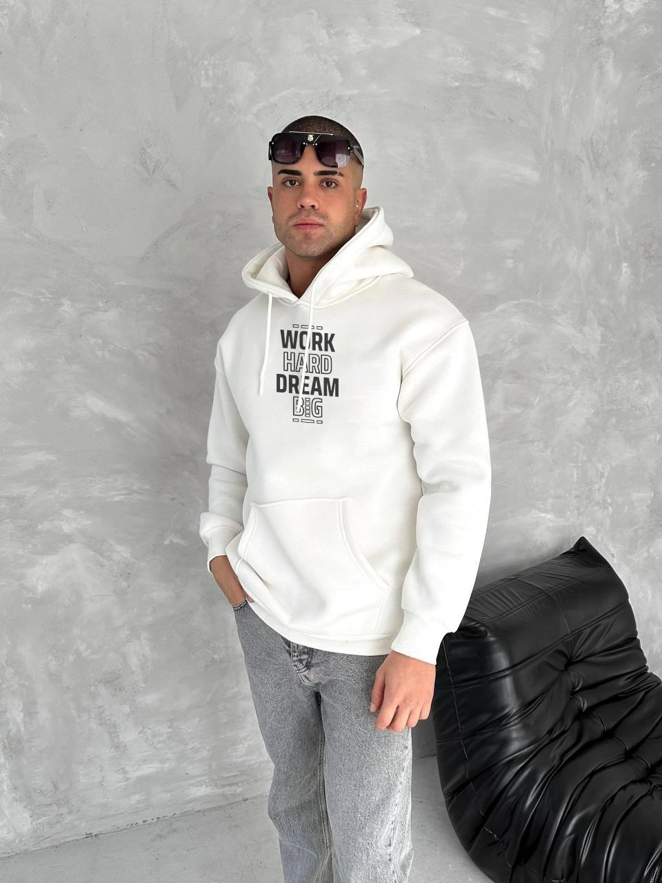 Erkek Kışlık Üç İplik Pamuklu Kapüşonlu SweatShirt - Beyaz