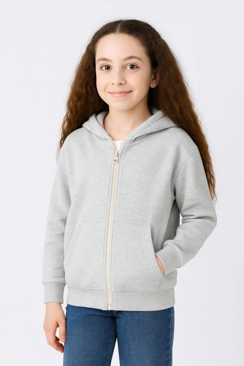 Kız Çocuk Kapüşonlu Kanguru Çepli Tam Fermuarlı Hırka SweatShirt - Gri