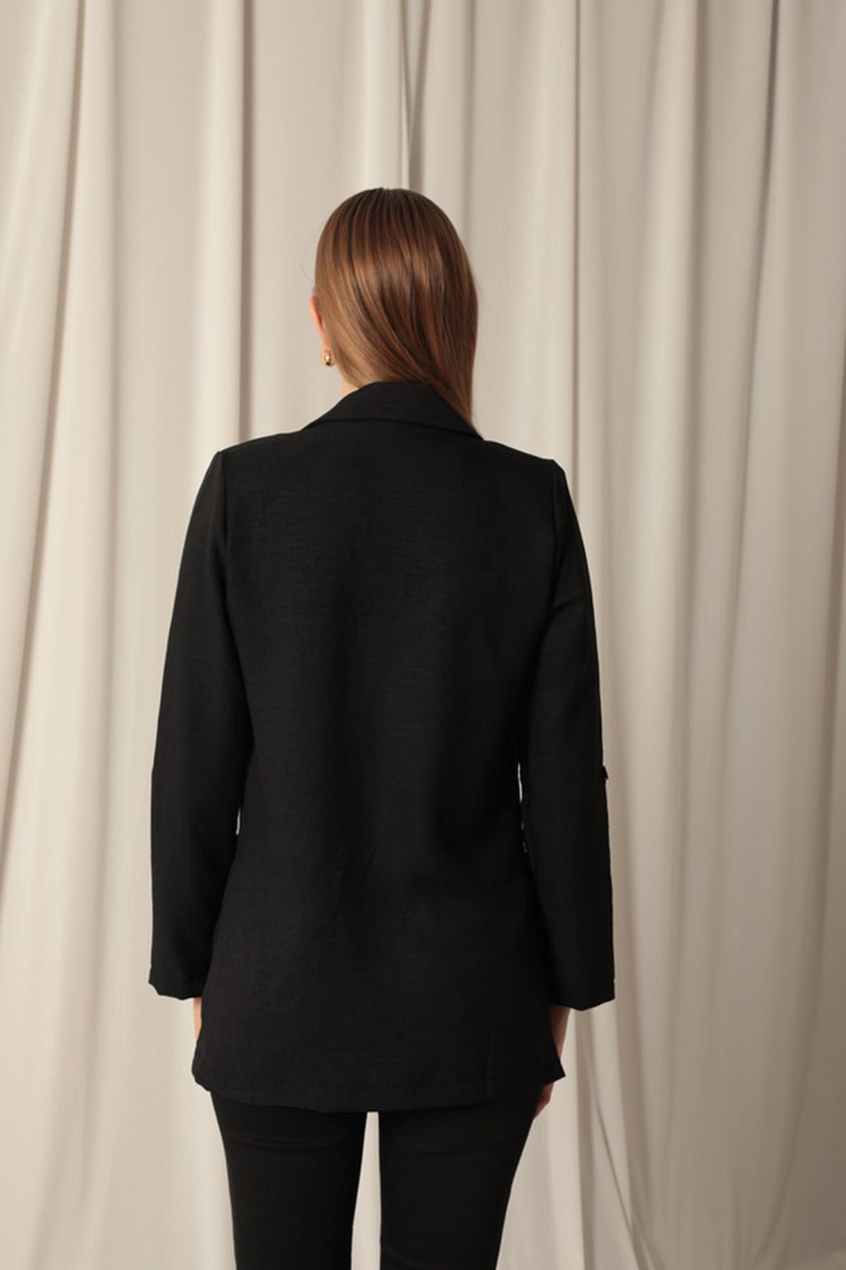 Melanj Keten Kumaş Kadın Siyah Ceket