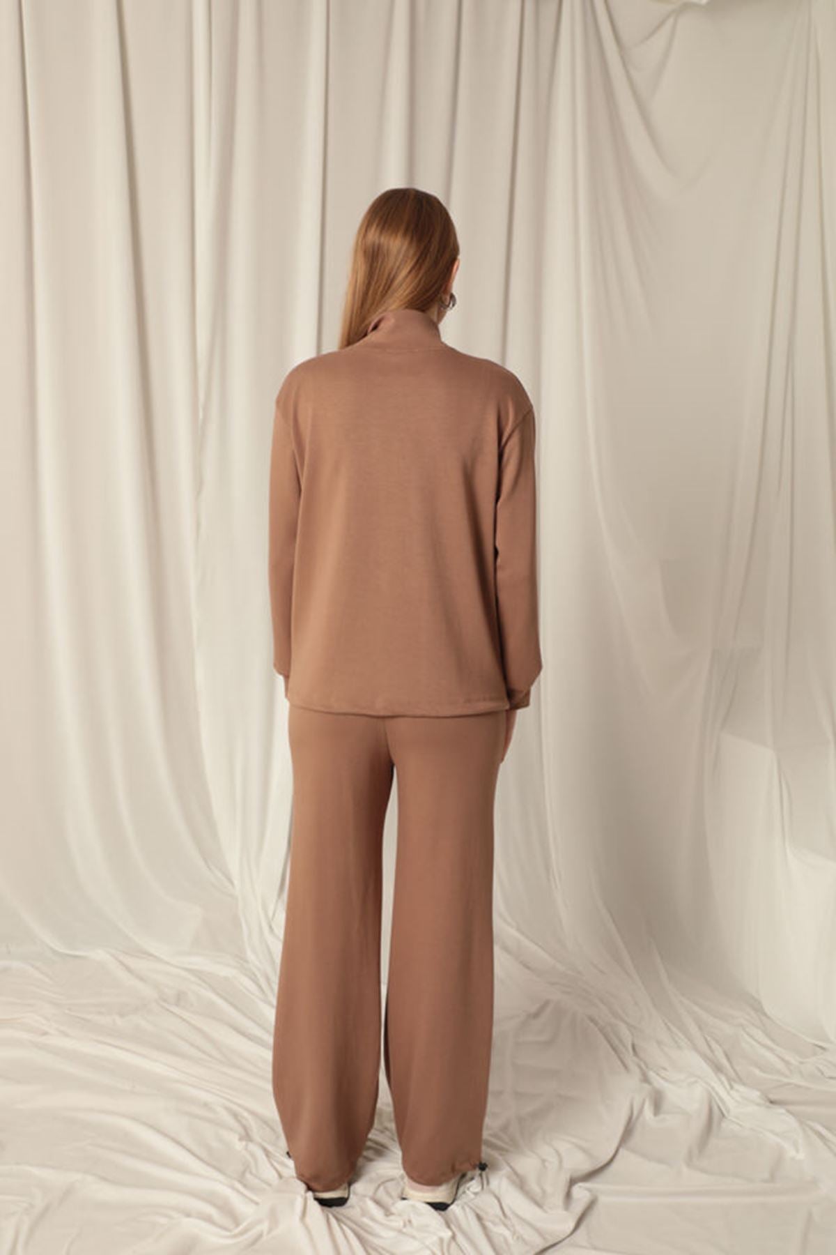 Modal Kumaş Şeritli Kadın Kahve Takım