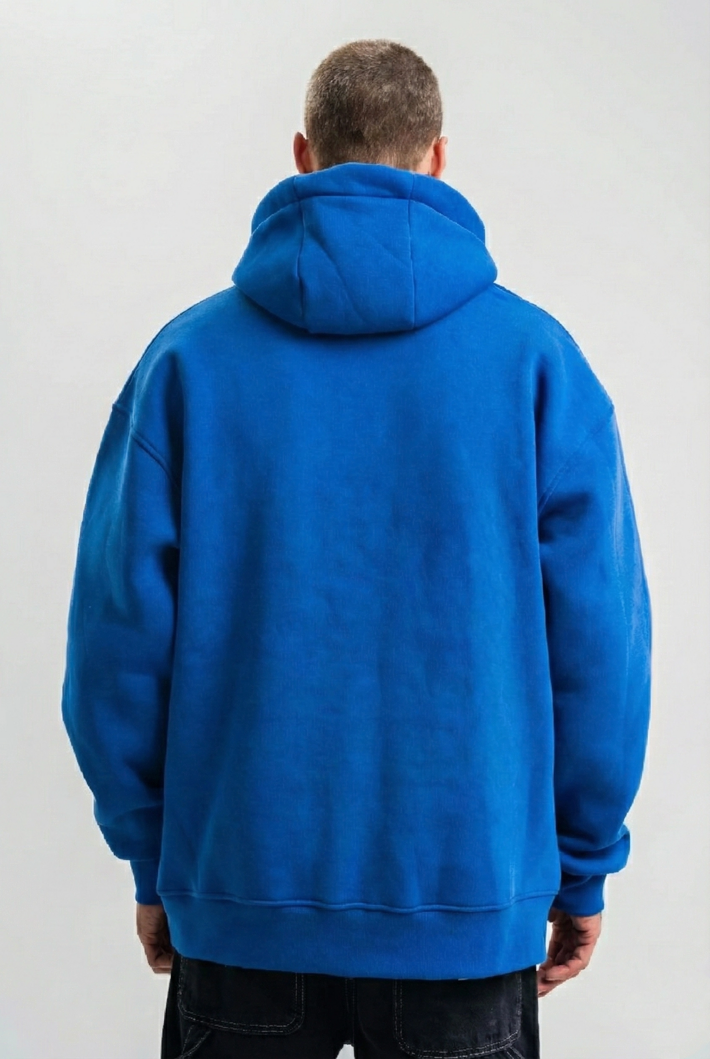 Erkek Saks Mavi Double Oversize 3 İplik Pamuklu Kapüşonlu Kanguru Cepli - Saks Mavisi