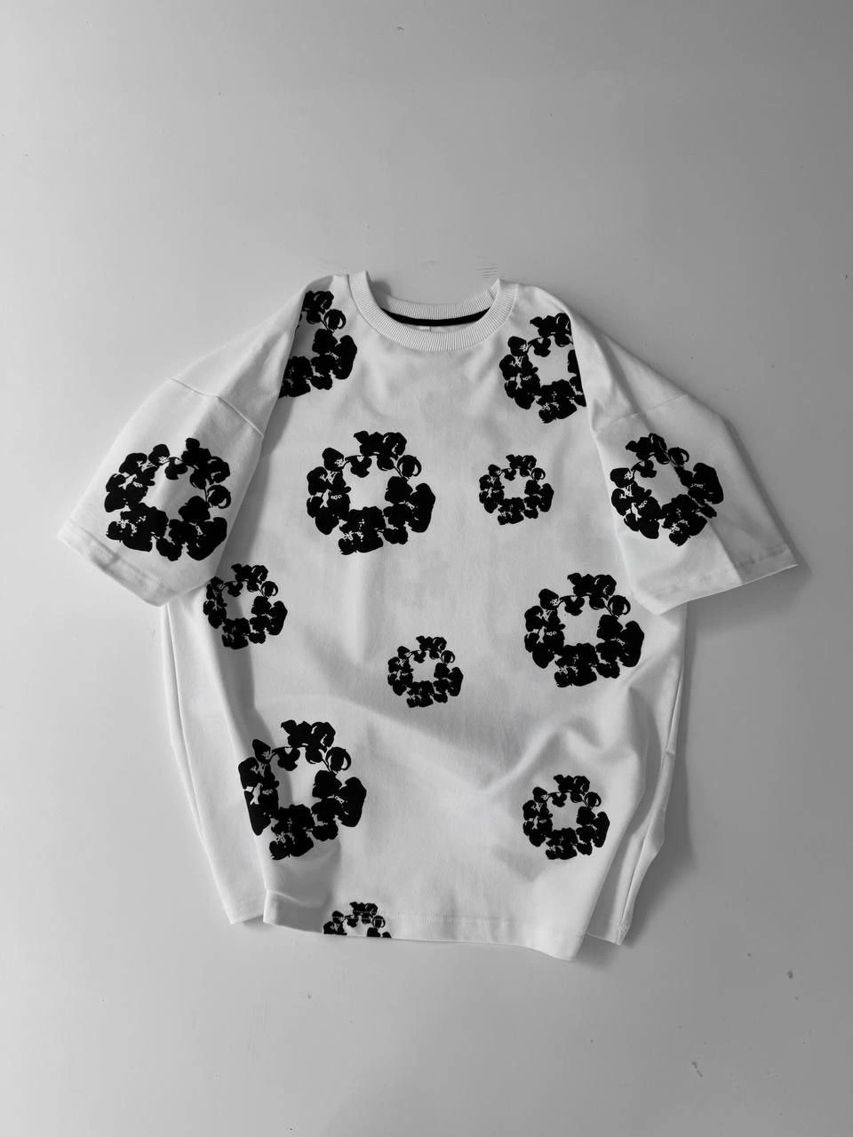 Erkek Ön ve Arka Baskılı Oversize Bisiklet Yaka T-shirt- Beyaz