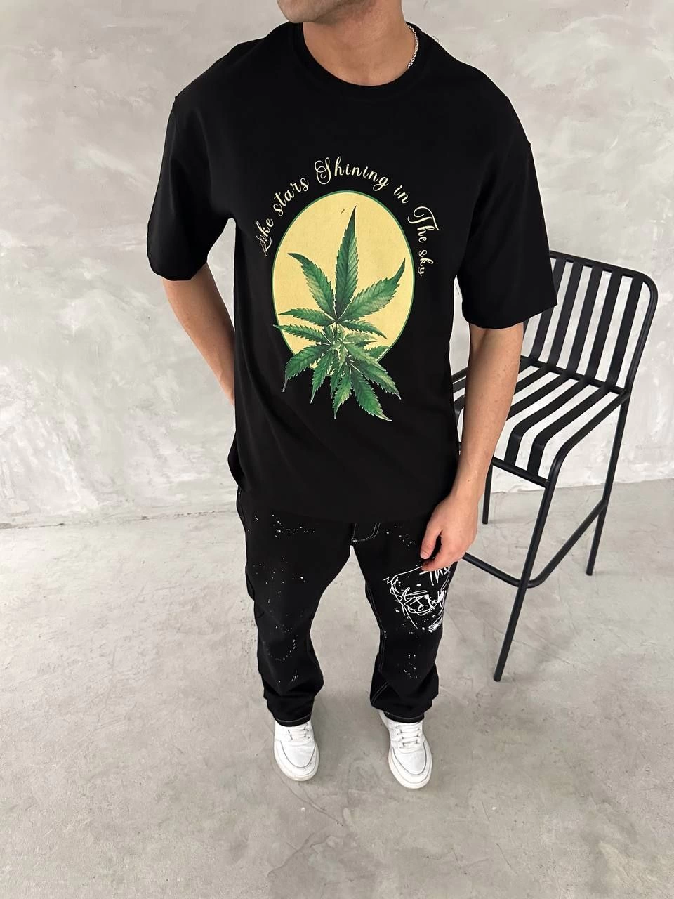 ERKEK Baskılı Oversize Bisiklet Yaka Kısa kol T-shirt- Siyah