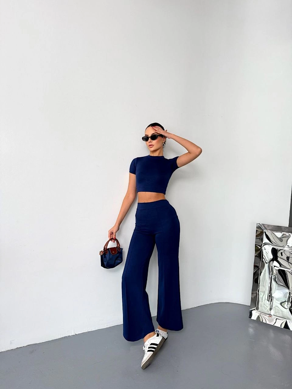 Kadın Osy Modal Yumuşak Kumaş Kısa Kollu Crop Alt ispanyol Paça Pantalon ikili Takım - Lacivert