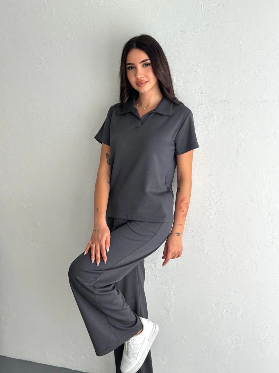 Kadın Osy Modal Yumuşak Dokulu Kumaş Kısa Kollu Yakalı T-shirt Pantalon ikili Takım- Antrasit