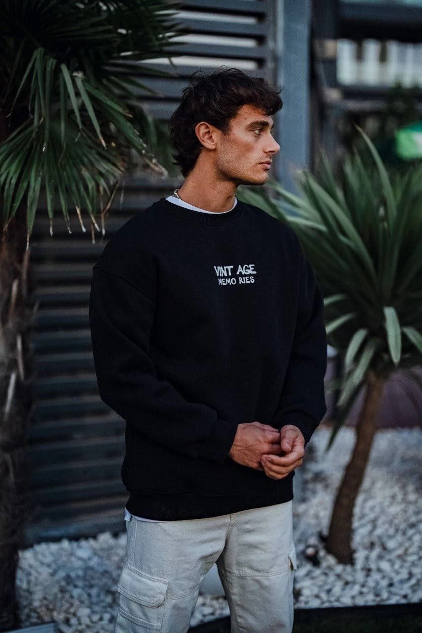 Erkek Oversize Bisiklet Yaka Üç İplik Baskılı SweatShirt - Siyah