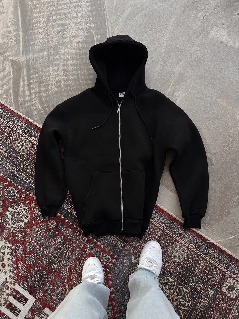 Kadın üç iplik Oversize Tam Fermuarlı Uzun Kol Hırka - Siyah