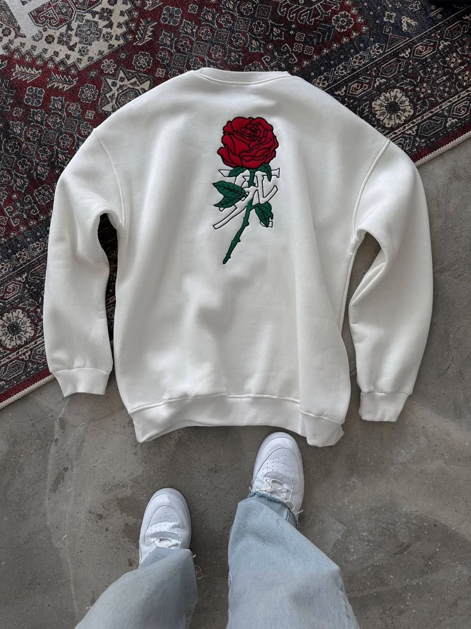 Kadın 3 iplik Pamuklu Bisiklet Yaka Ön Ve Arka Baskılı SweatShirt - Beyaz