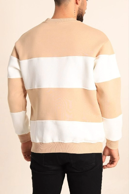 Erkek üç iplik pamuklu Parçalı Bisiklet Yaka Baskılı SweatShirt - Bej