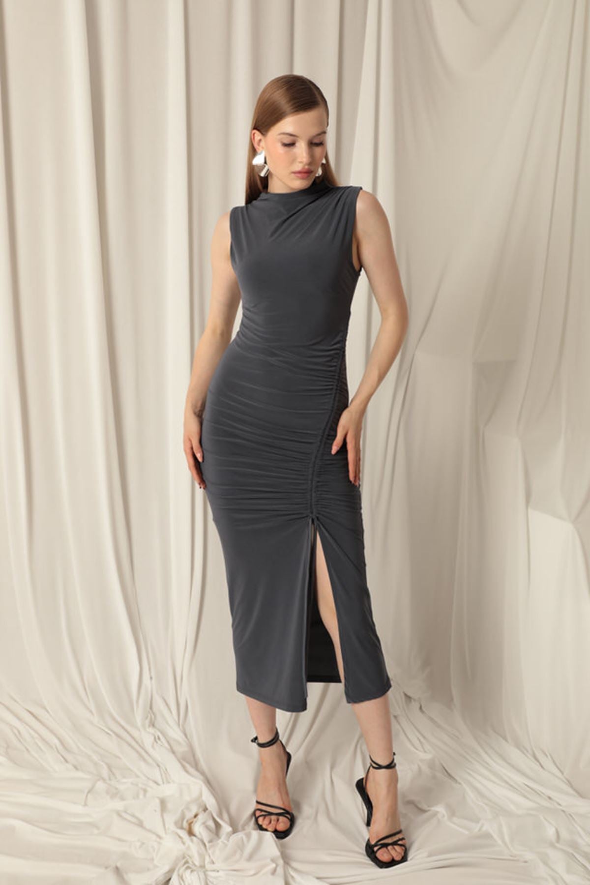Sandy Kumaş Balıkçı Yaka Maxi Kadın Antrasit Elbise