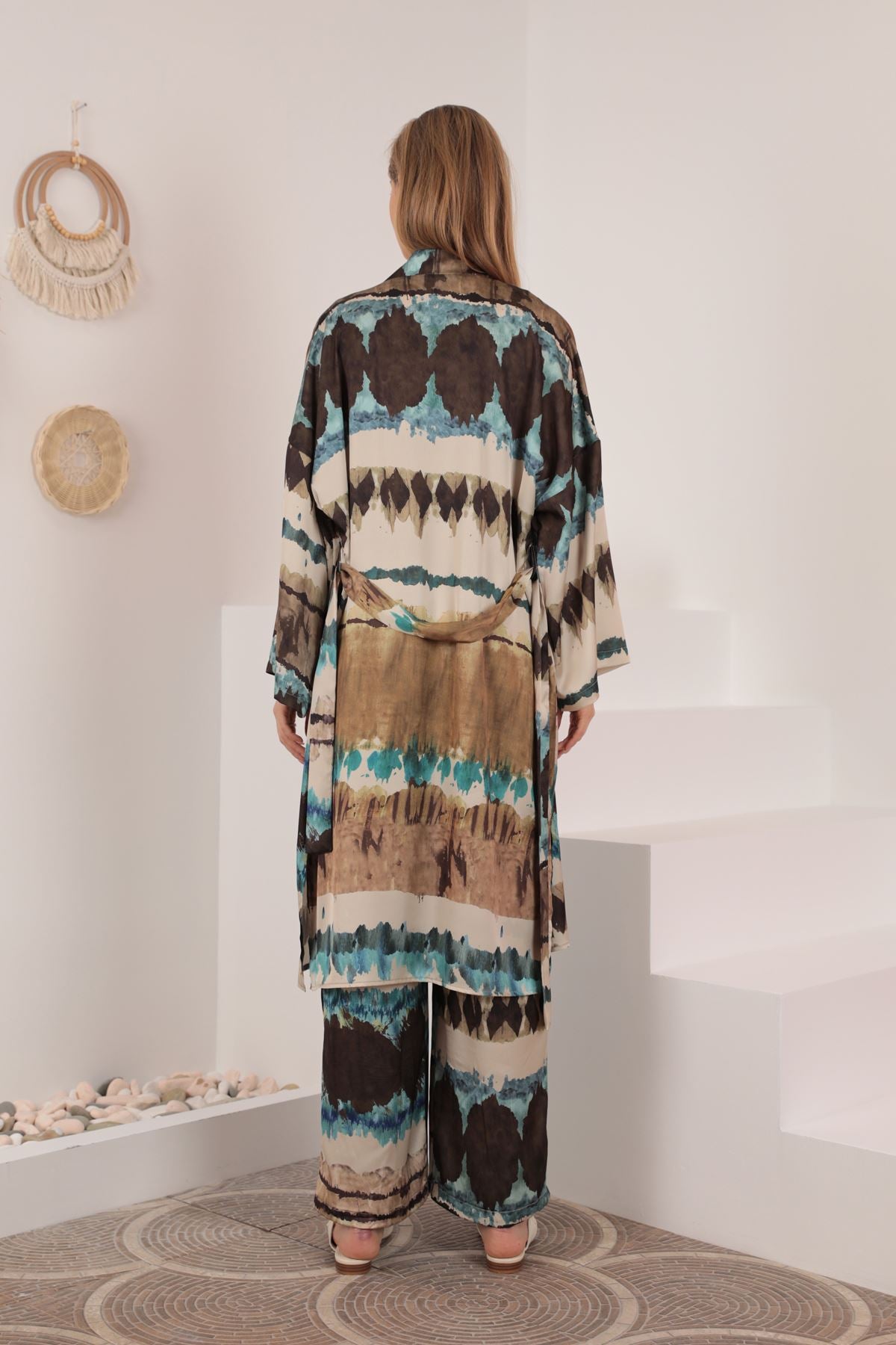 Saten Kumaş Batik Desen Kadın Kimono-Mavi