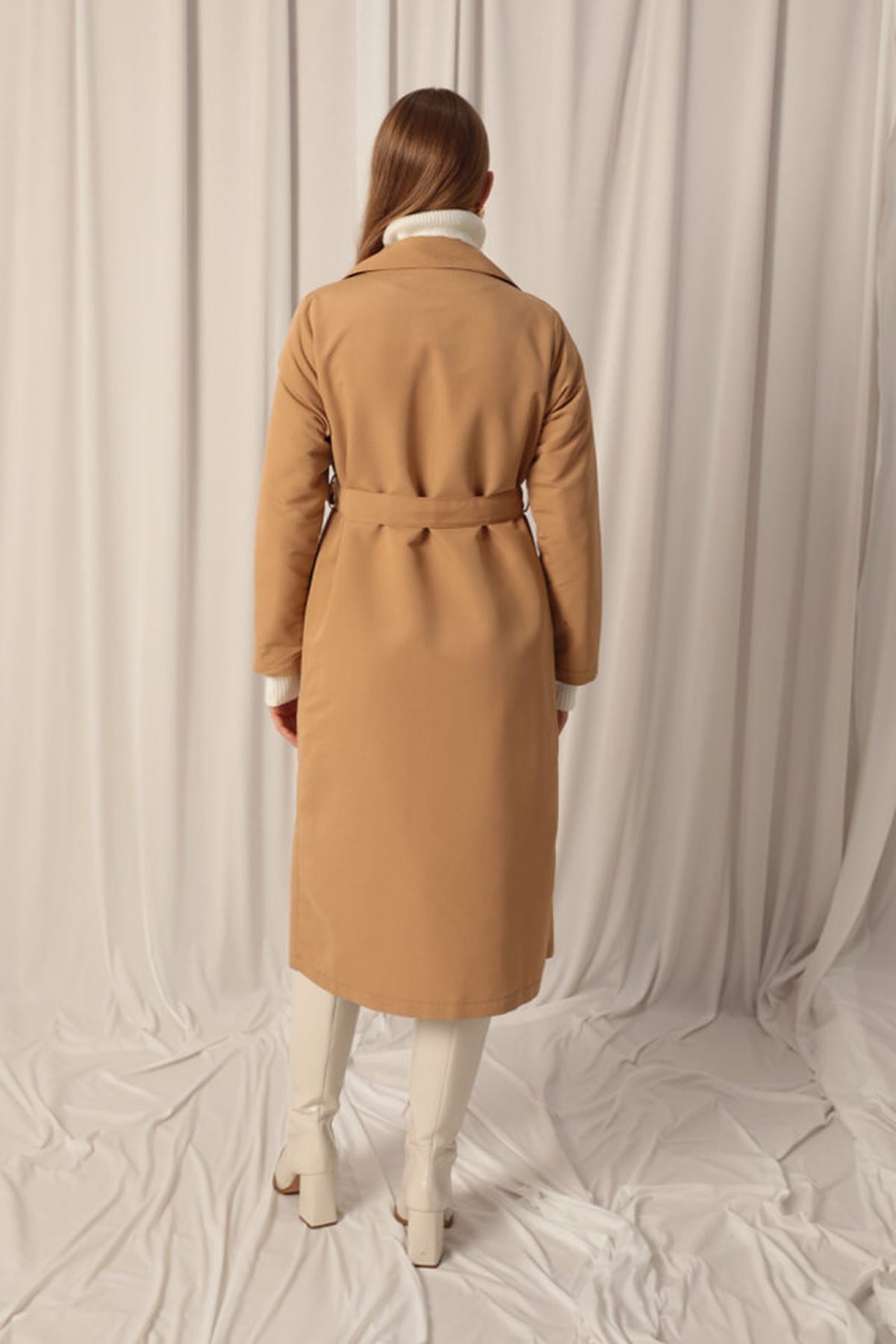 Torino Kumaş Sıvı Geçirmez Maxi Boy Kadın Camel Trençkot