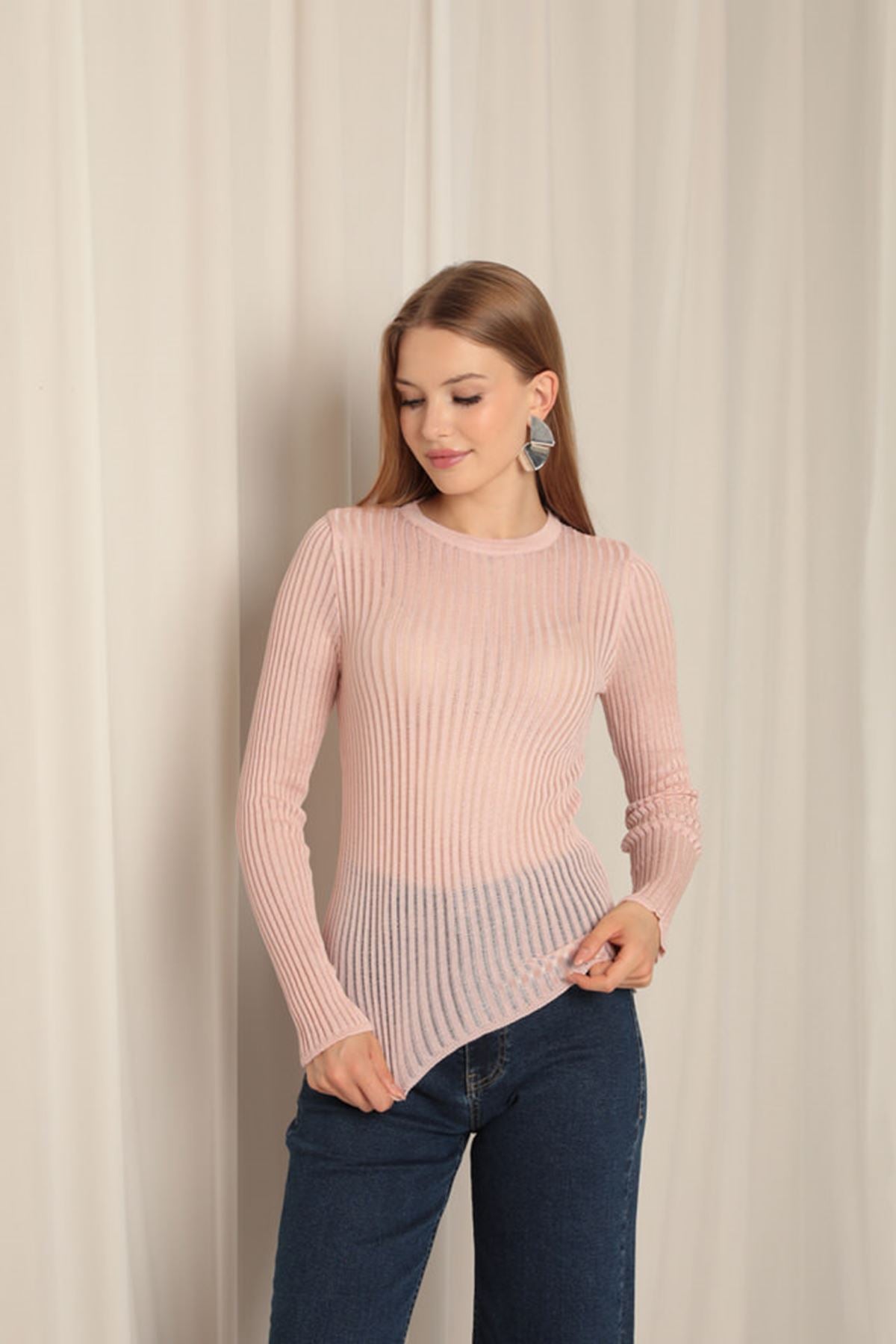 Triko Kumaş Baharlık Bisiklet Yaka Kadın Pudra Bluz