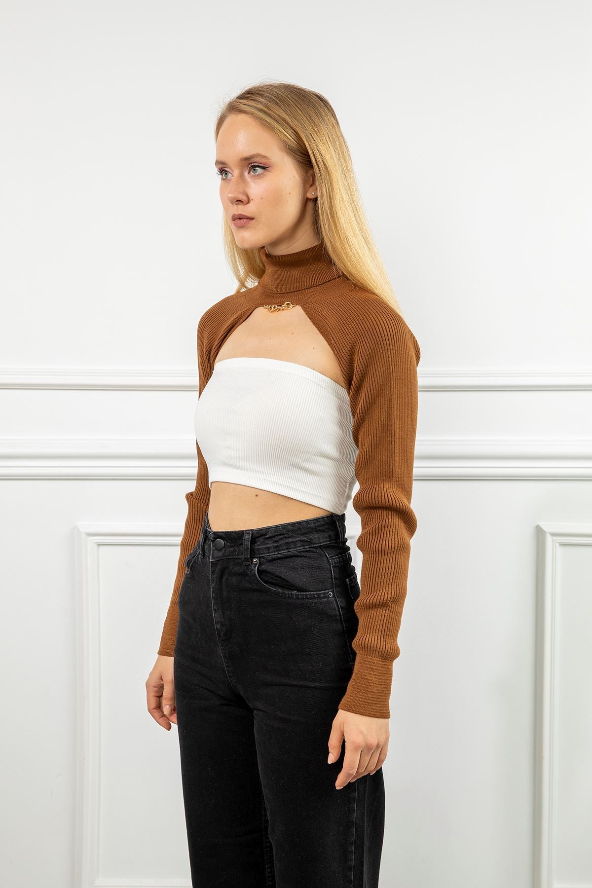 Triko Kumaş Uzun Kollu Boğazlı Yaka Bolero-Kahve