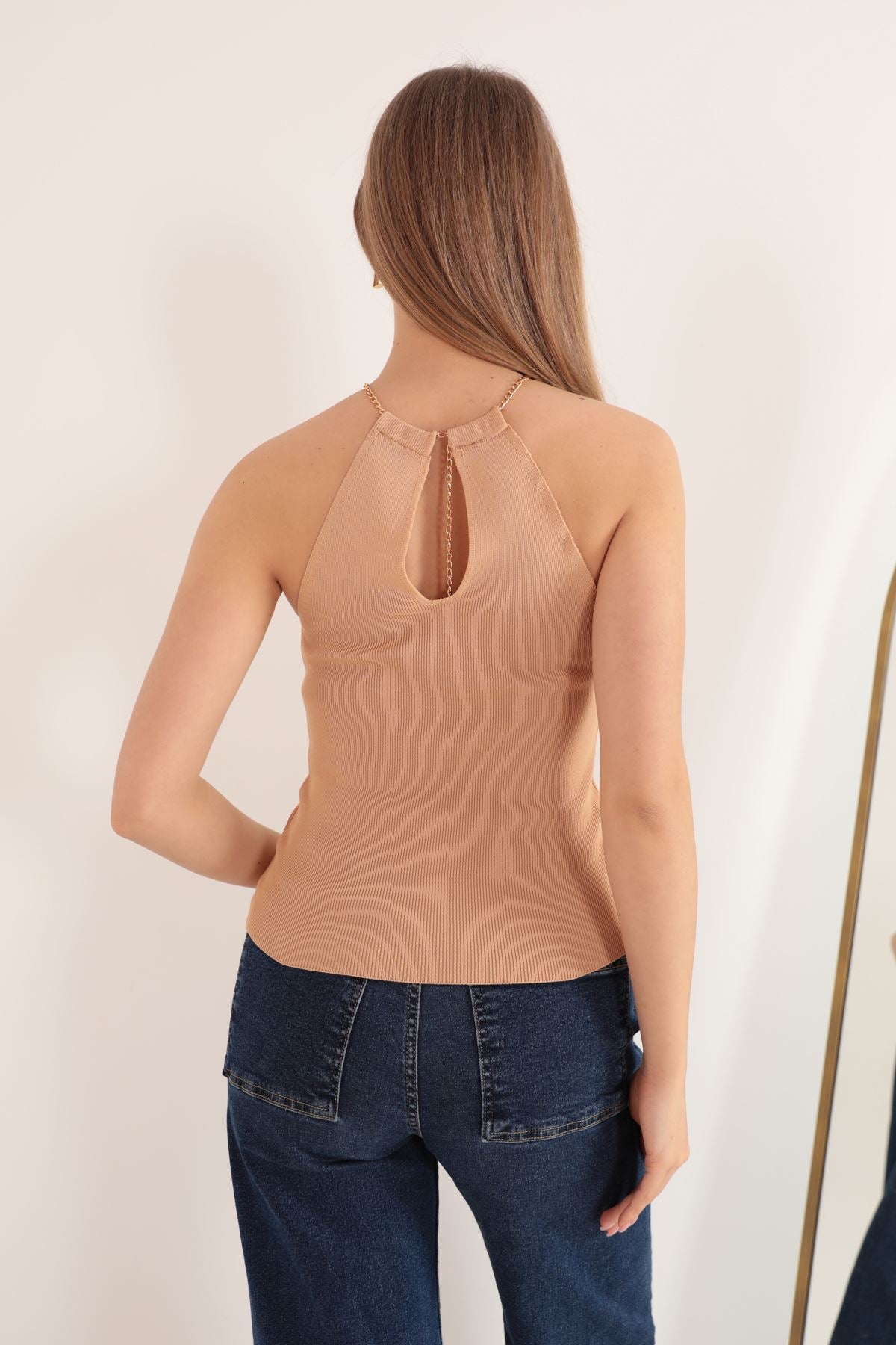 Triko Kumaş Zincir Detay Kadın Bluz-Bisküvi