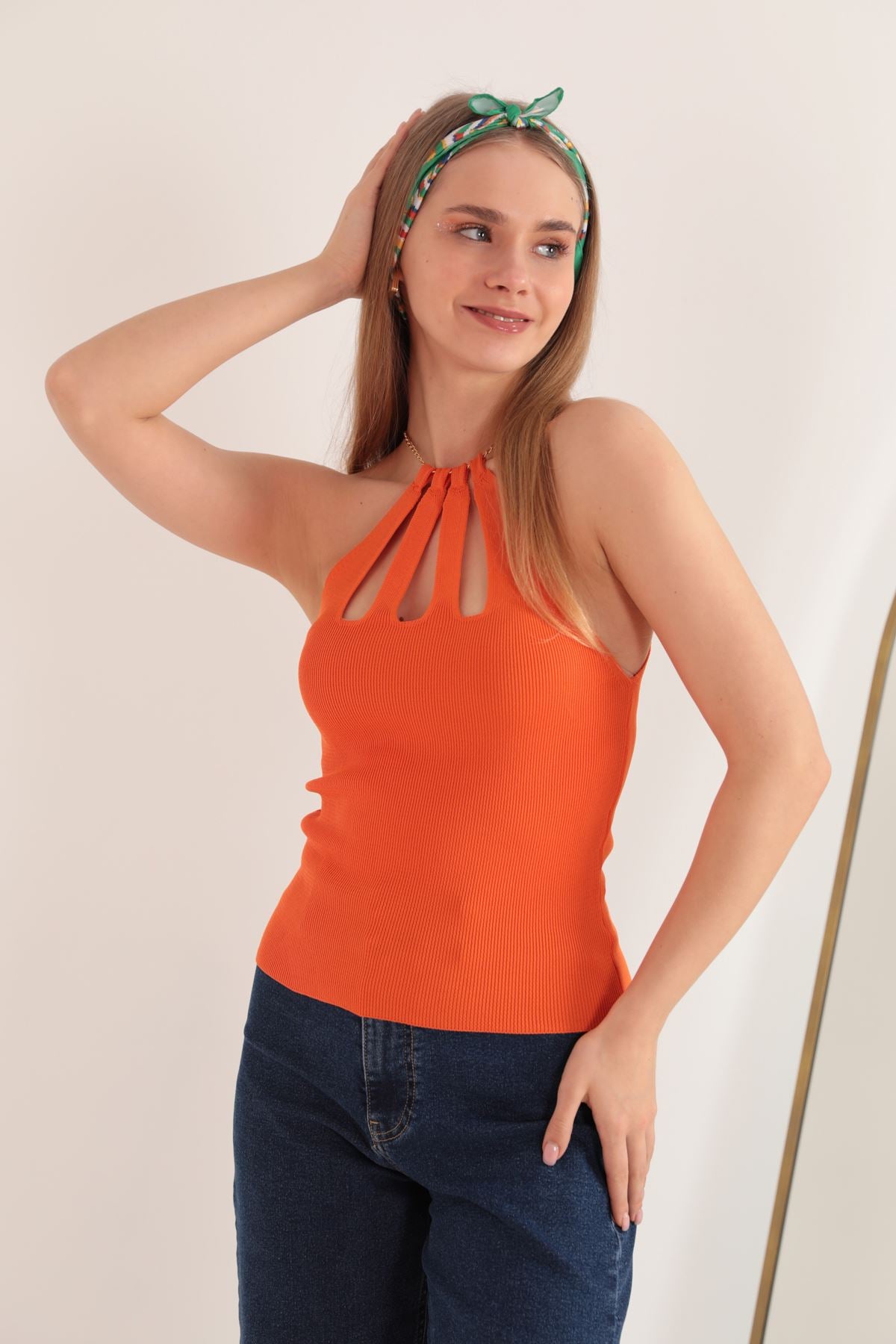 Triko Kumaş Zincir Detay Kadın Bluz-Oranj
