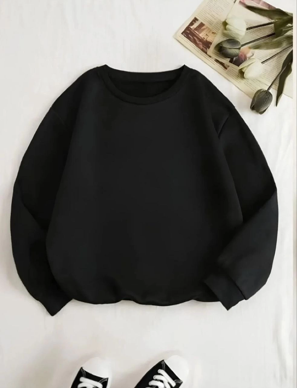 Kadın Üç İplik Pamuklu Biskilet Yaka SweatShirt - Siyah