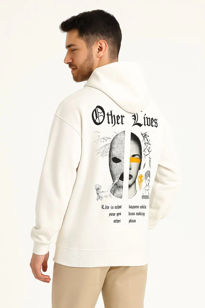 Erkek Kapşonlu Sweatshirt Oversize Üç İplik Şardonlu Other Lives Ön Arka Baskılı - Beyaz