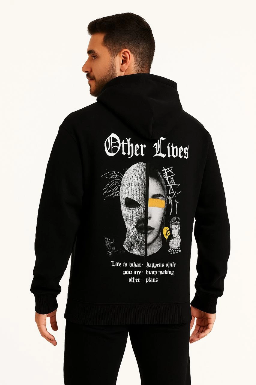 Erkek Kapşonlu Sweatshirt Oversize Üç İplik Şardonlu Other Lives Ön Arka Baskılı - Siyah