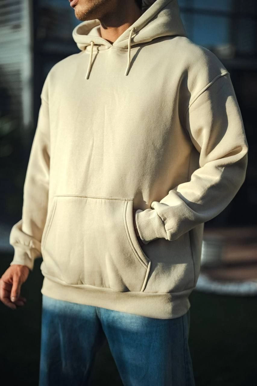 Üç İplik Penye kapüşonlu SweatShirt - Bej