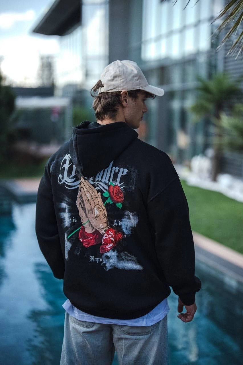 Erkek Üç İplik Penye Kapşonlu Baskılı SweatShirt - Siyah